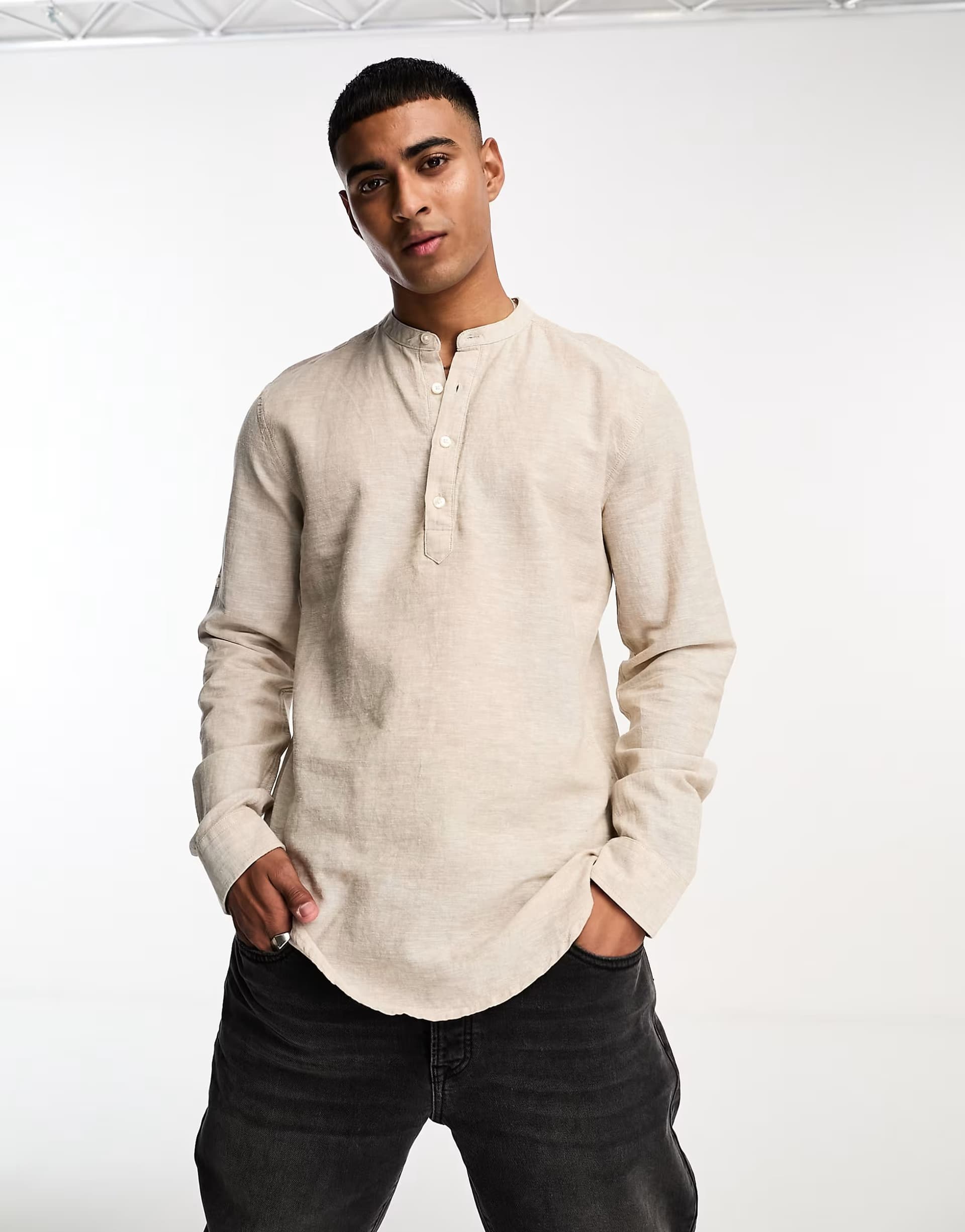 ASOS ONLY & SONS linen mix overhead shirt in beige