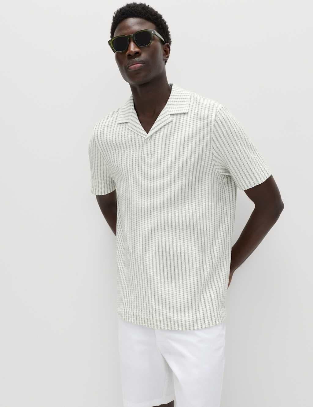 Marks & Spencer M&S Cotton Rich Jersey Geometric Polo Shirt Pistachio