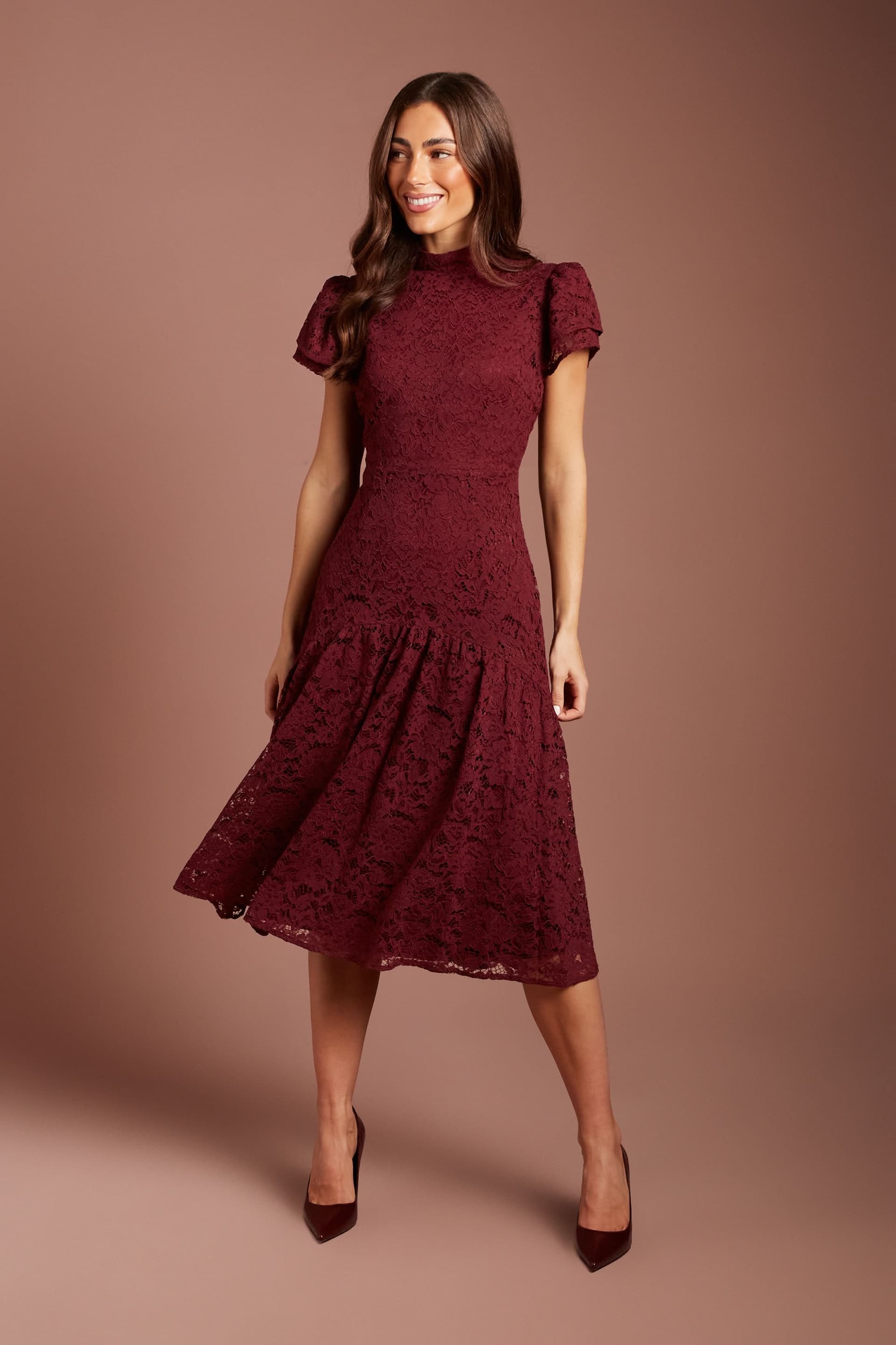 Coast Coast Women's Lace Frill Sleeve High Neck Midi Dress in Oxblood