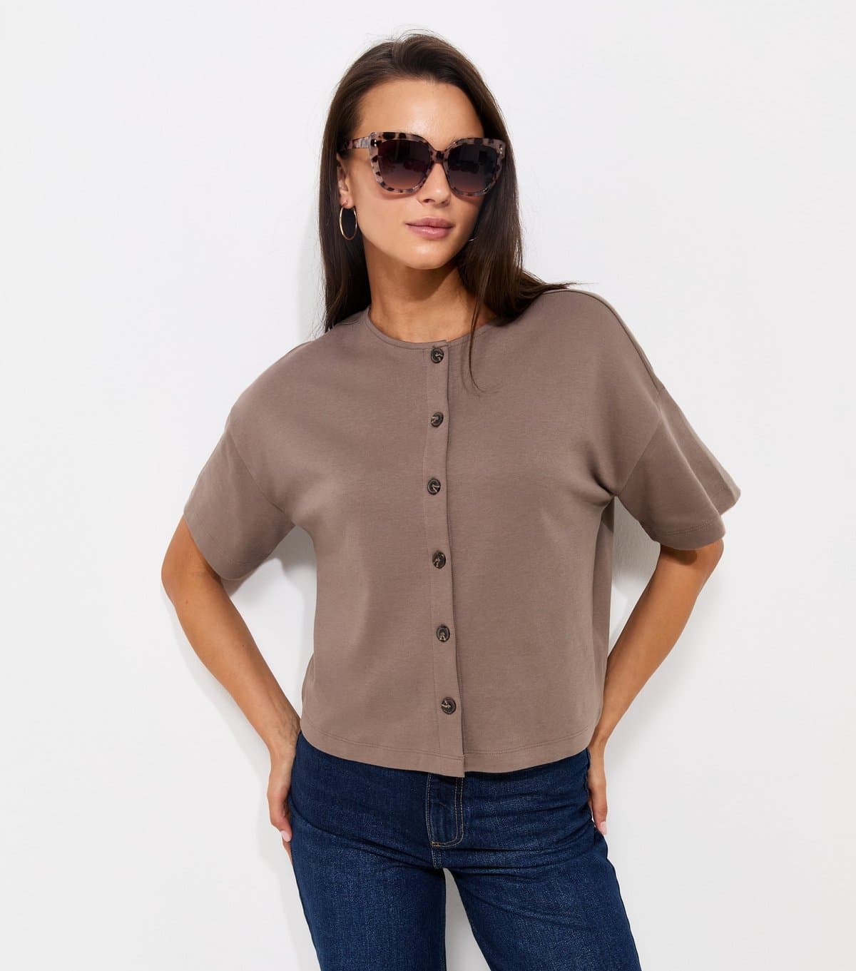 New Look New Look Mink Heavyweight Cotton Button Through T-Shirt