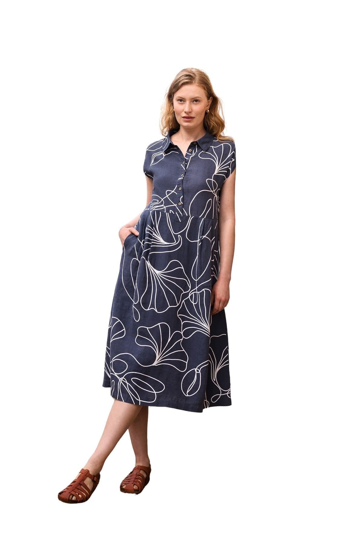 Celtic & Co Celtic & Co Women's Linen Short Sleeve Midi Shirt Dress in Navy