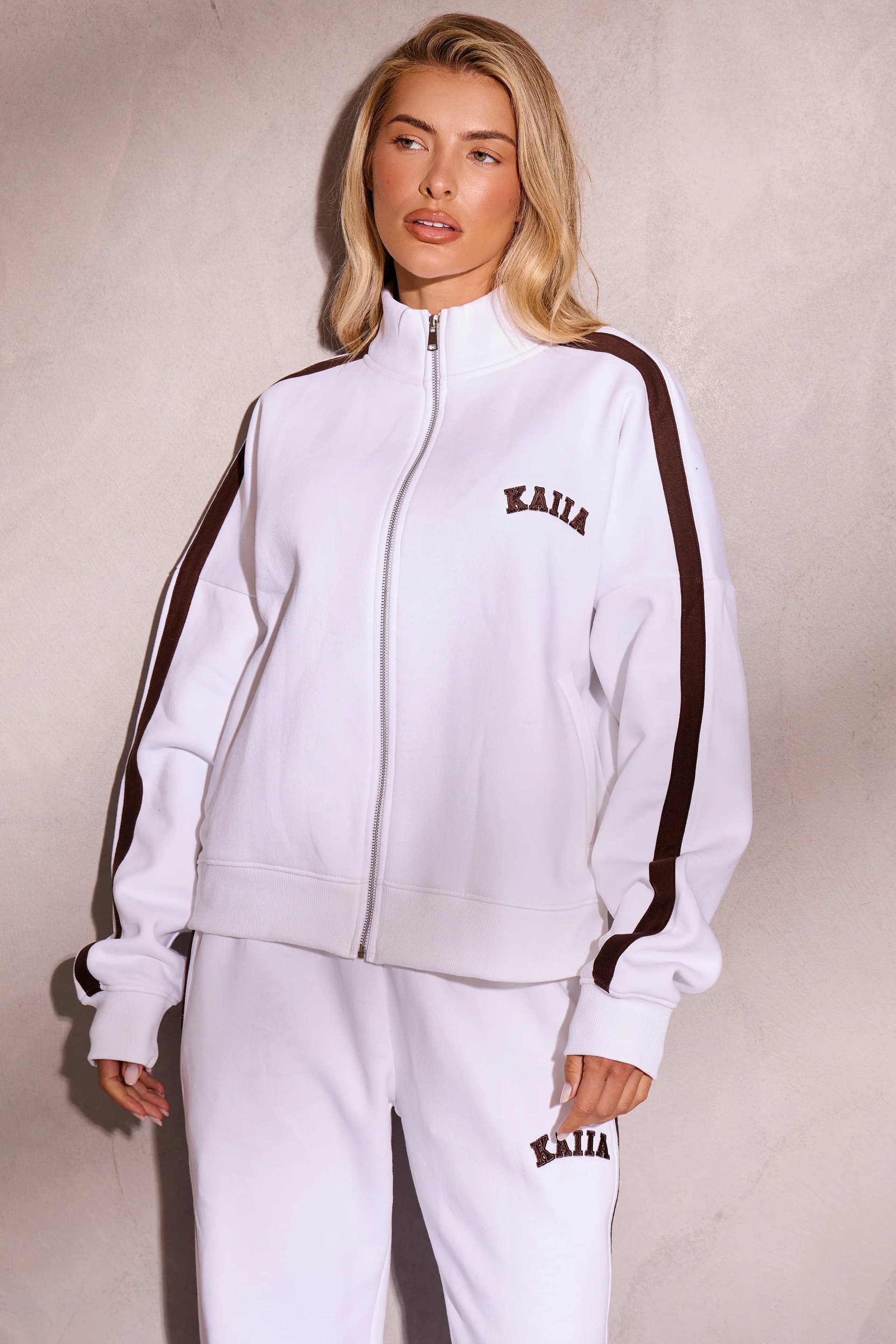 Kaiia Kaiia Side Stripe Zip Through Sweatshirt Off White & Brown