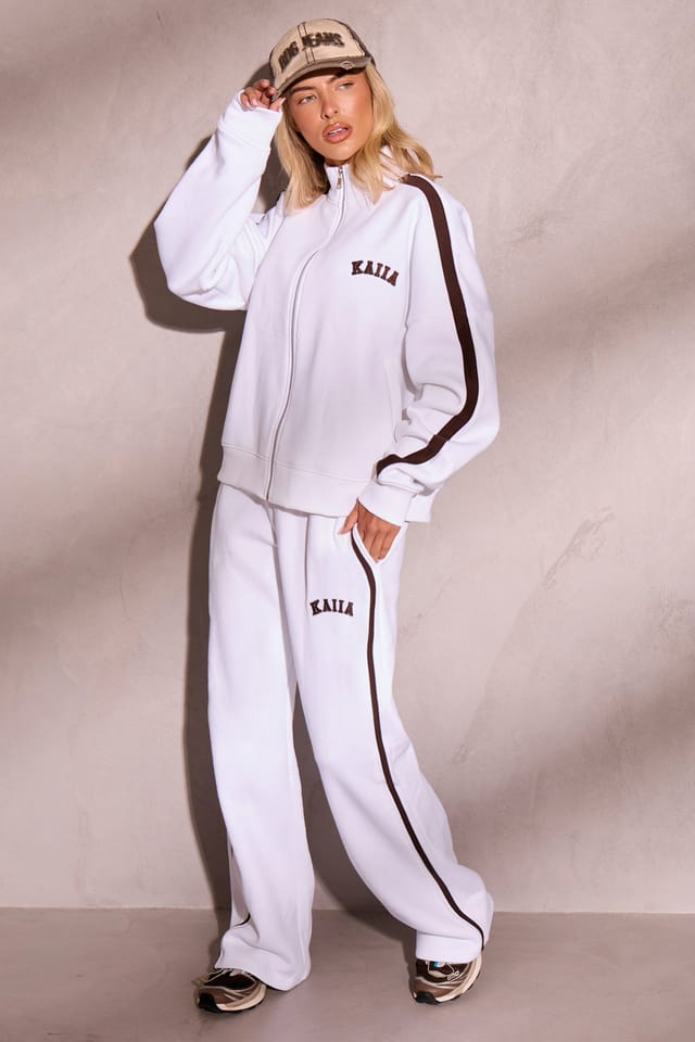 Kaiia Kaiia Side Stripe Zip Through Sweatshirt Off White & Brown - 3