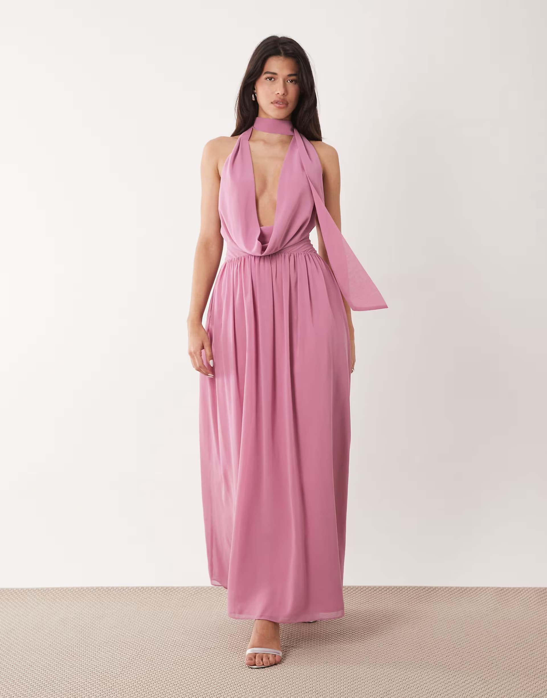 ASOS Aria Cove chiffon deep plunge cowl neck wrap scarf detail maxi dress in pink