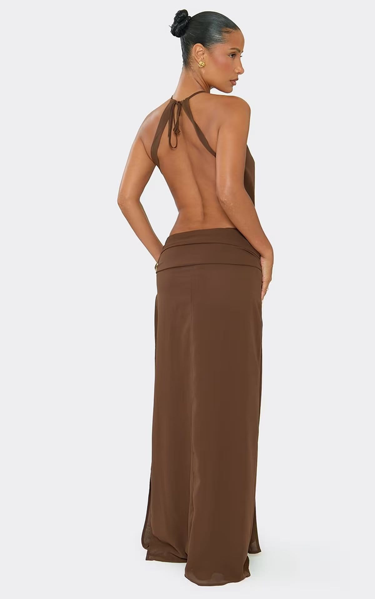 EGO Sleeveless Cut Out Drape Front Split Leg Maxi Dress In Chocolate Brown, Women's Size UK 6 - 1