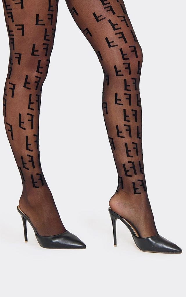 EGO Printed Logo Detail Tights In Black, Women's Size UK 0 - 2