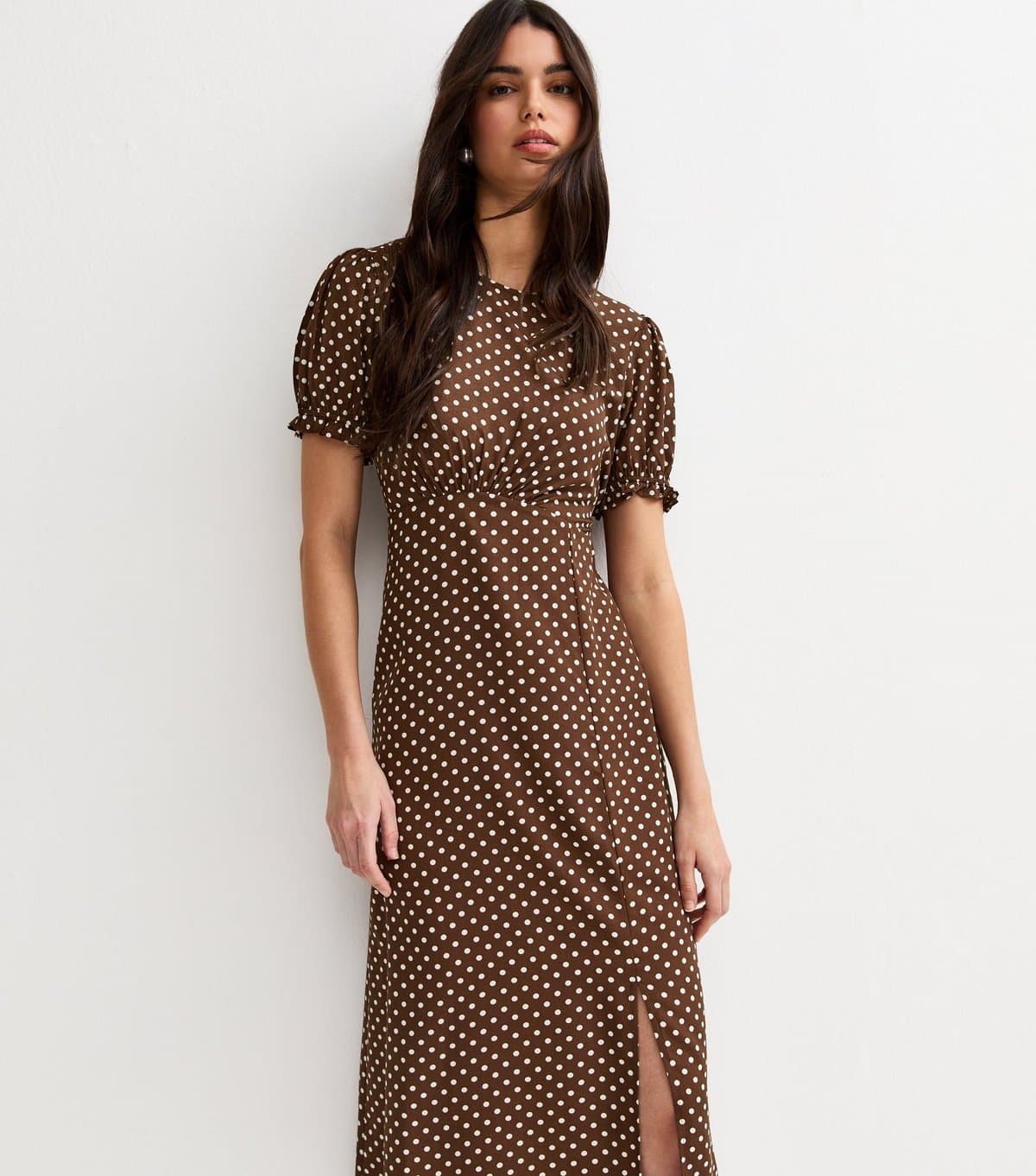 New Look Women's Brown Spot Print Crepe Midi Dress New Look