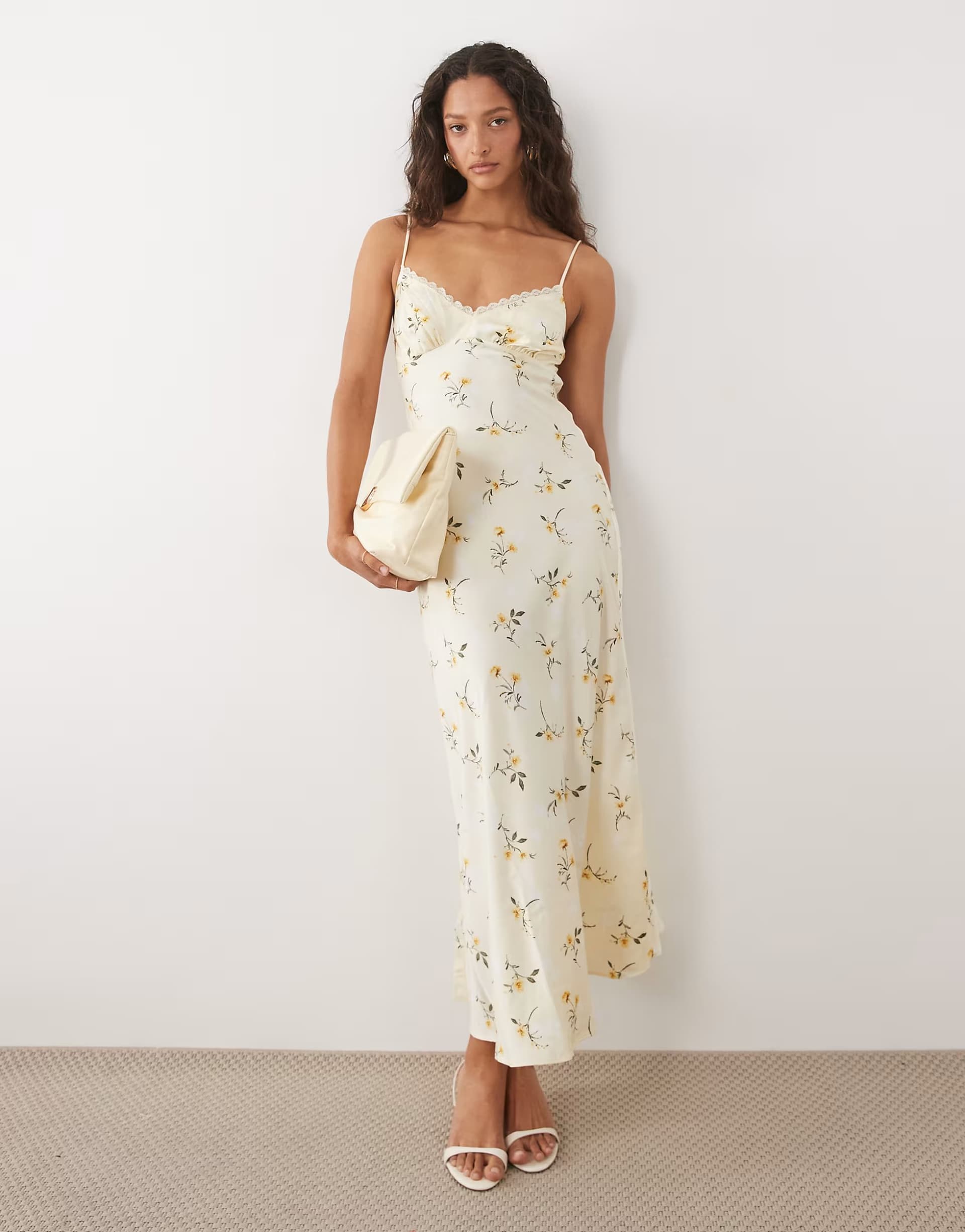 ASOS New Look lace trim ditsy floral satin midi dress in yellow