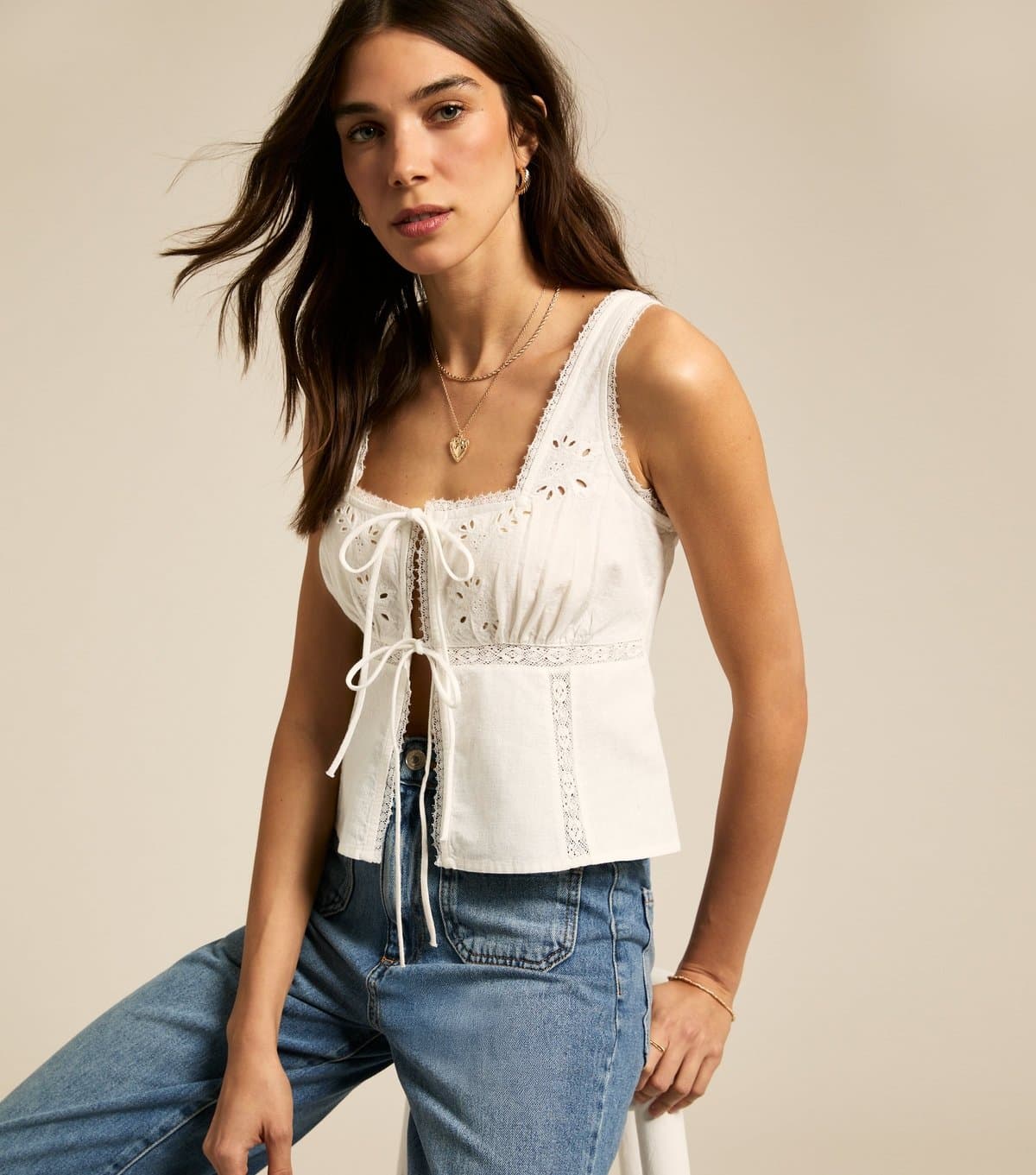 New Look Women's White Broderie Anglaise Tie Front Cami Top New Look