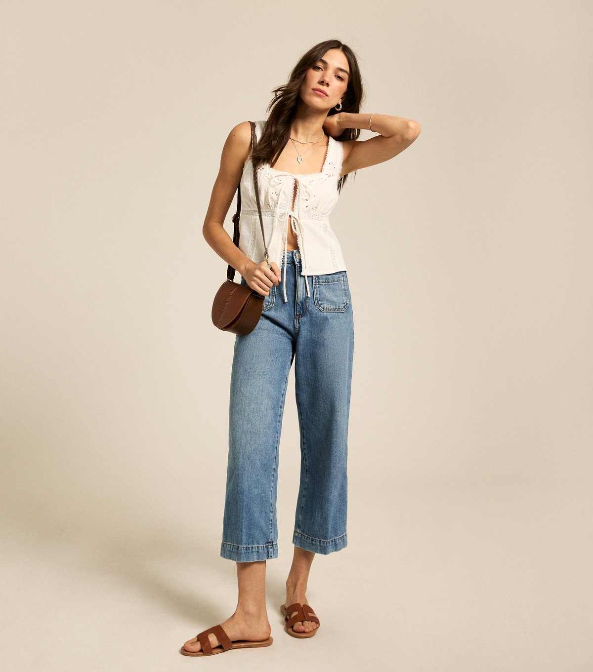 New Look Women's White Broderie Anglaise Tie Front Cami Top New Look - 3