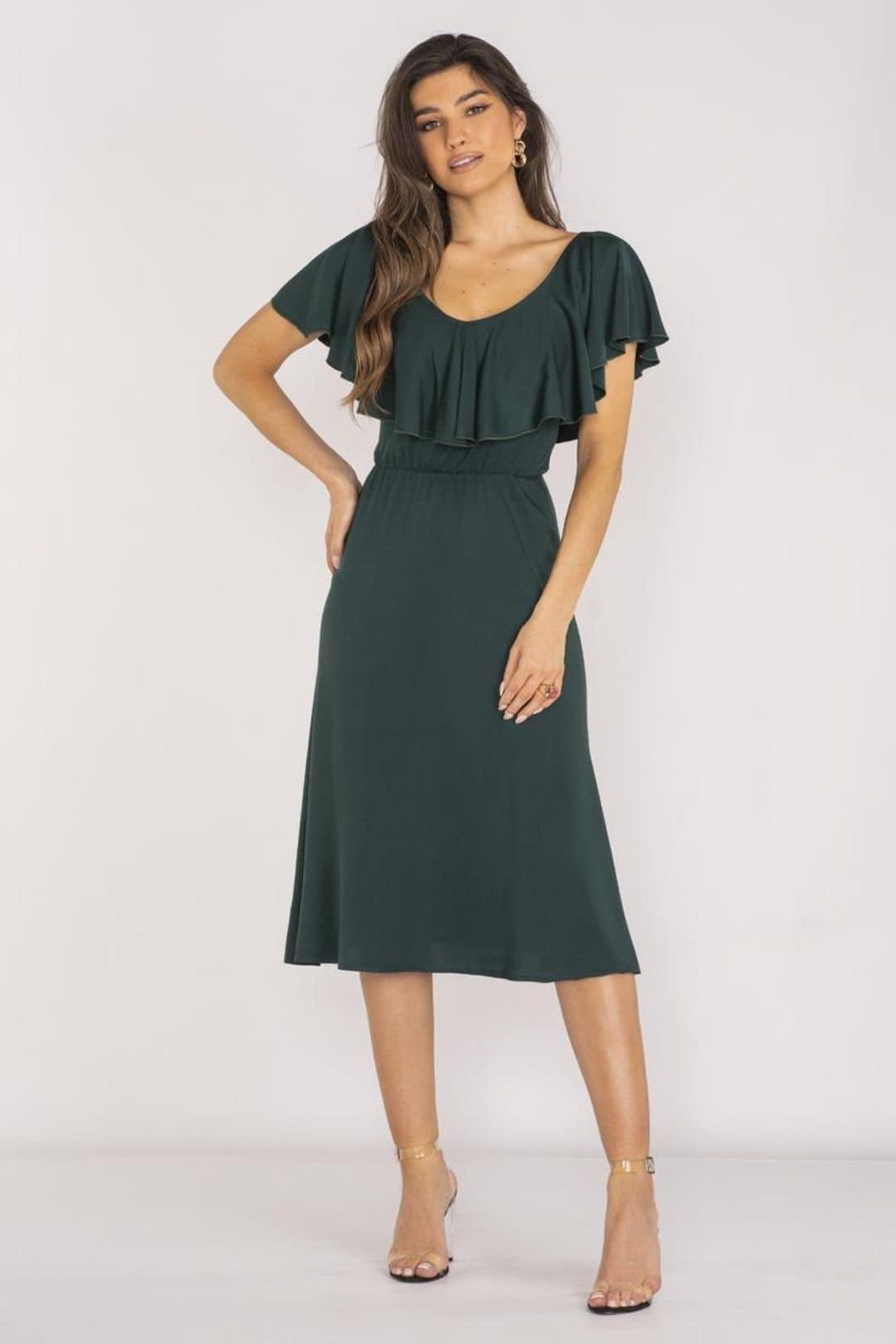 Love Lace Love Lace Women's Elegant Ruffle Neck Midi Dress with Elastic Waist in Green