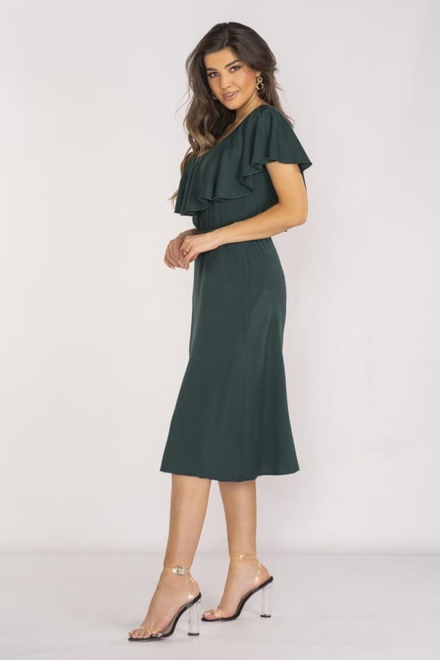 Love Lace Love Lace Women's Elegant Ruffle Neck Midi Dress with Elastic Waist in Green - 2
