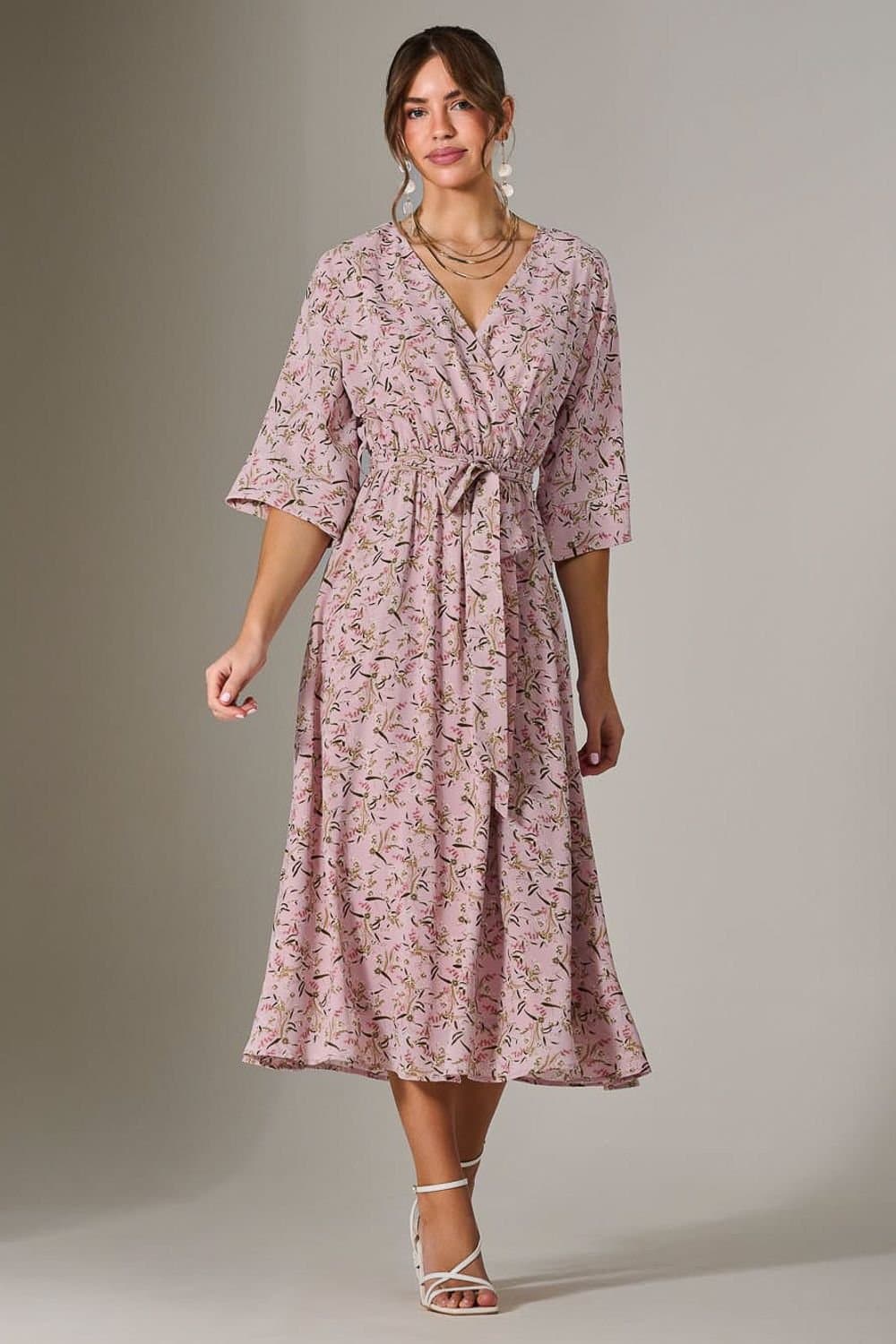 Jolie Moi Jolie Moi Women's Tie Front Half Sleeve Midi Dress in Light Pink