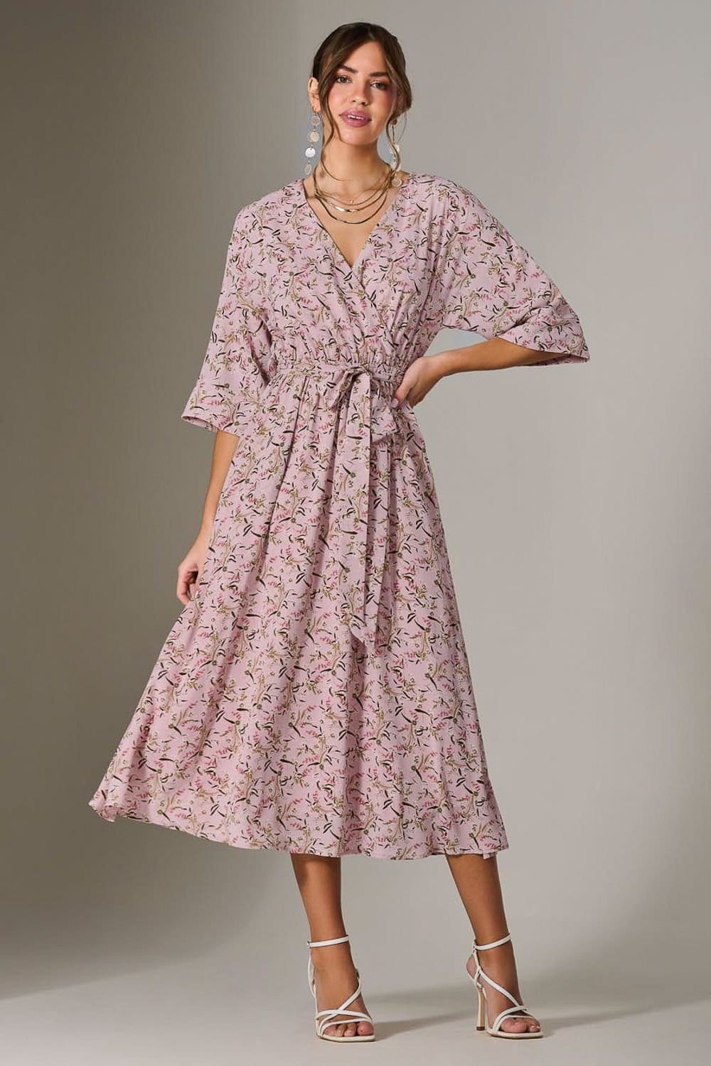 Jolie Moi Jolie Moi Women's Tie Front Half Sleeve Midi Dress in Light Pink - 4