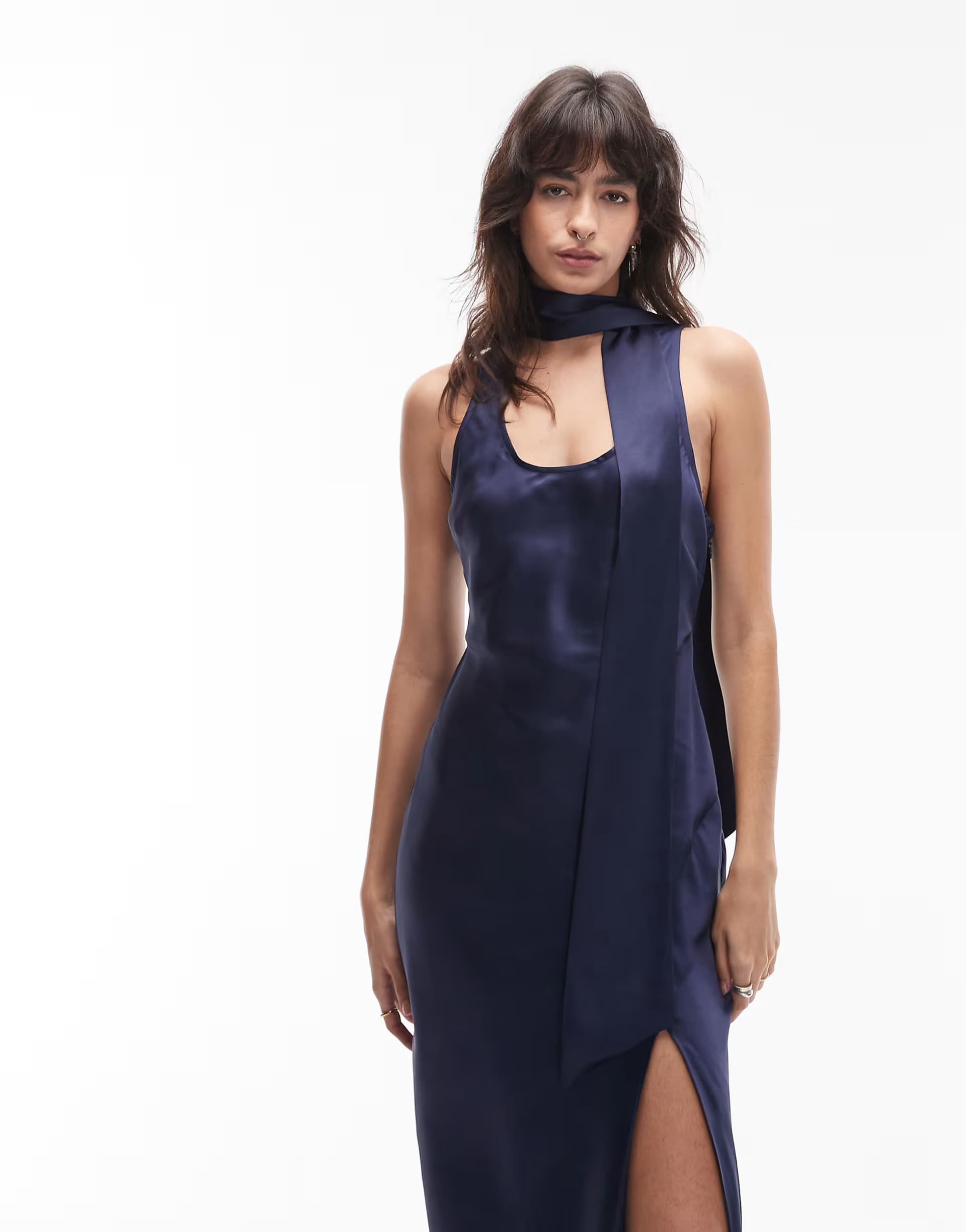 ASOS ASOS DESIGN sleeveless satin maxi dress with scarf detail in navy