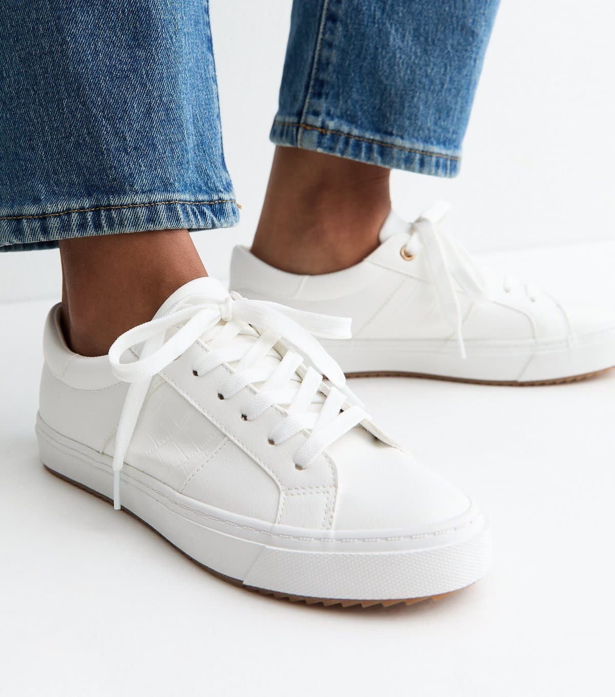 New Look Women's White Faux Leather Croc Embossed Trainers Vegan New Look