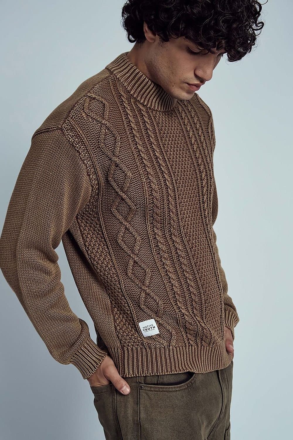Native Youth Native Youth Men's Cotton Cable High Mock Neck Oversized Long Sleeve Jumper in Brown