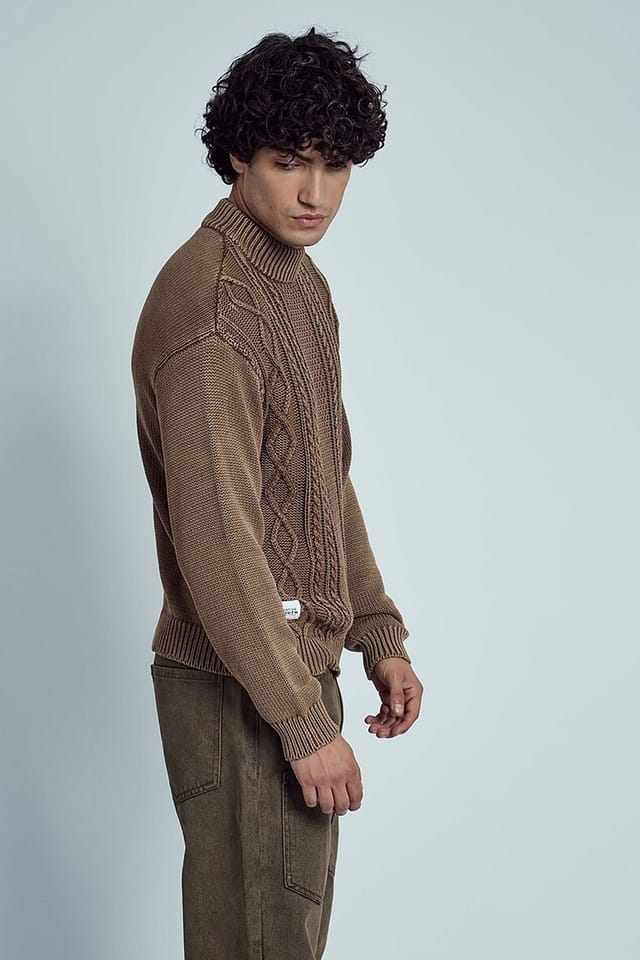 Native Youth Native Youth Men's Cotton Cable High Mock Neck Oversized Long Sleeve Jumper in Brown - 3