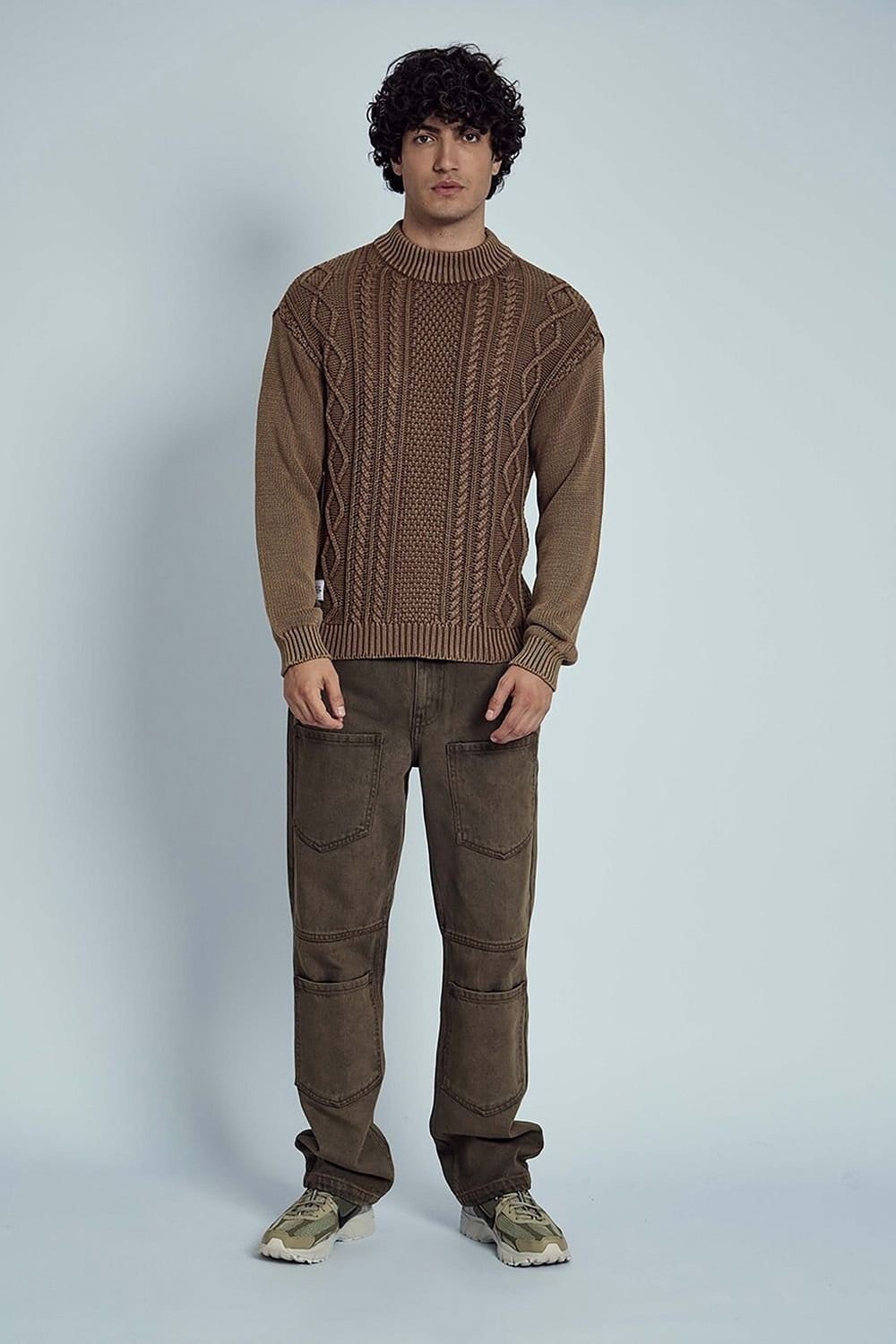Native Youth Native Youth Men's Cotton Cable High Mock Neck Oversized Long Sleeve Jumper in Brown - 4