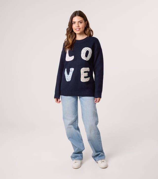 Blue Vanilla Women's Navy Love Embroidered Jumper Blue Vanilla New Look - 2