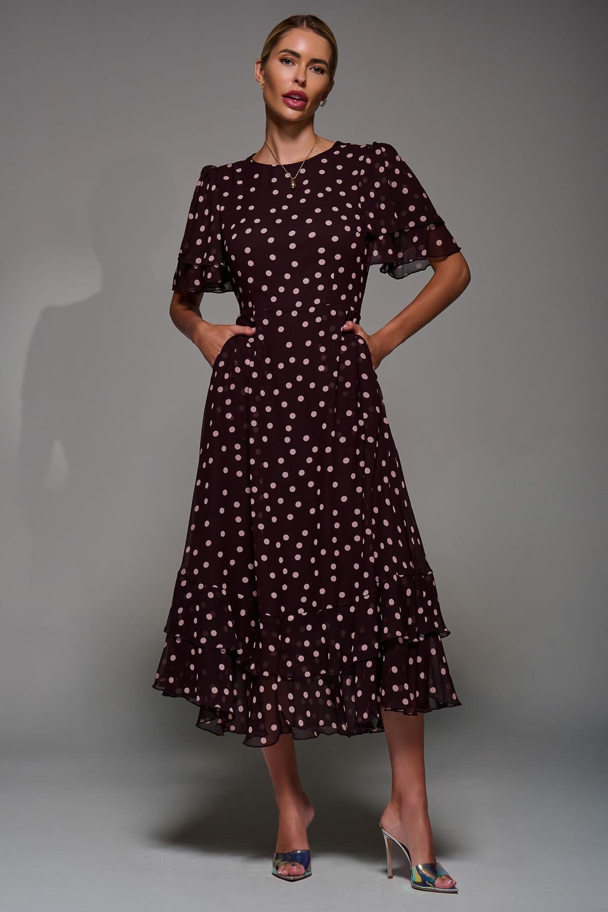 Jolie Moi Jolie Moi Women's Frill Detail Chiffon Midaxi Dress in Burgundy