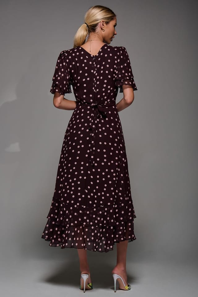 Jolie Moi Jolie Moi Women's Frill Detail Chiffon Midaxi Dress in Burgundy - 2