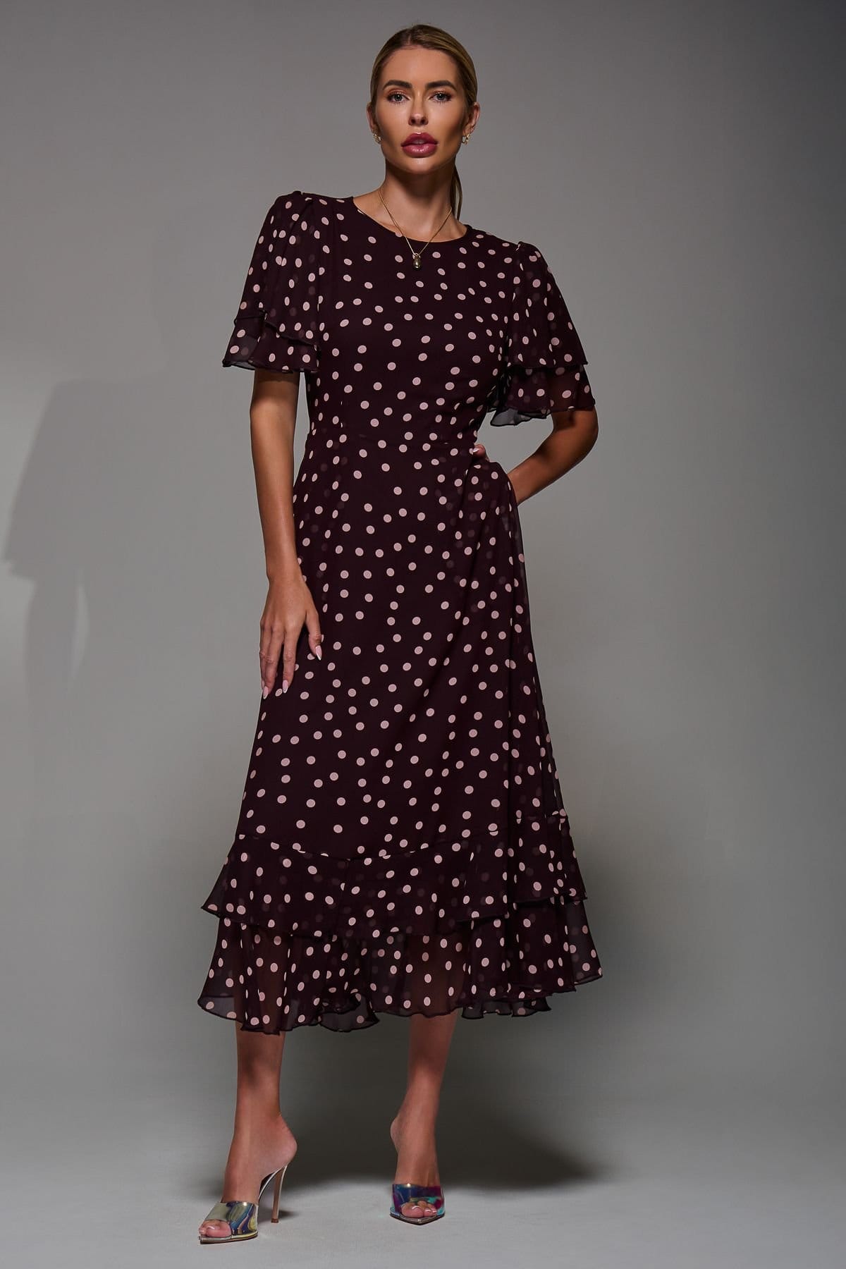Jolie Moi Jolie Moi Women's Frill Detail Chiffon Midaxi Dress in Burgundy - 4