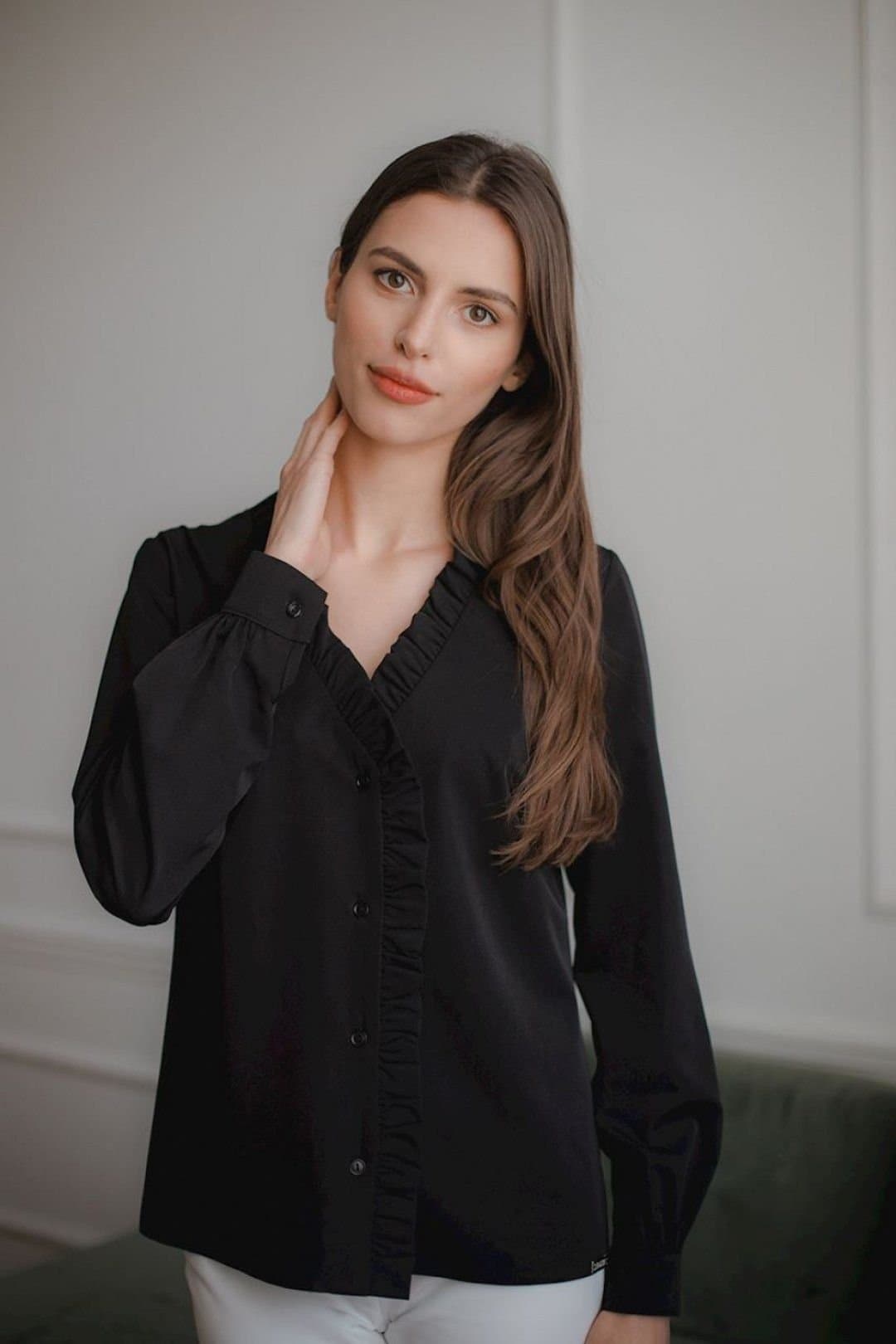 Love Lace Love Lace Women's Long Sleeve Heart Neck Shirt With Frill Trim in Black