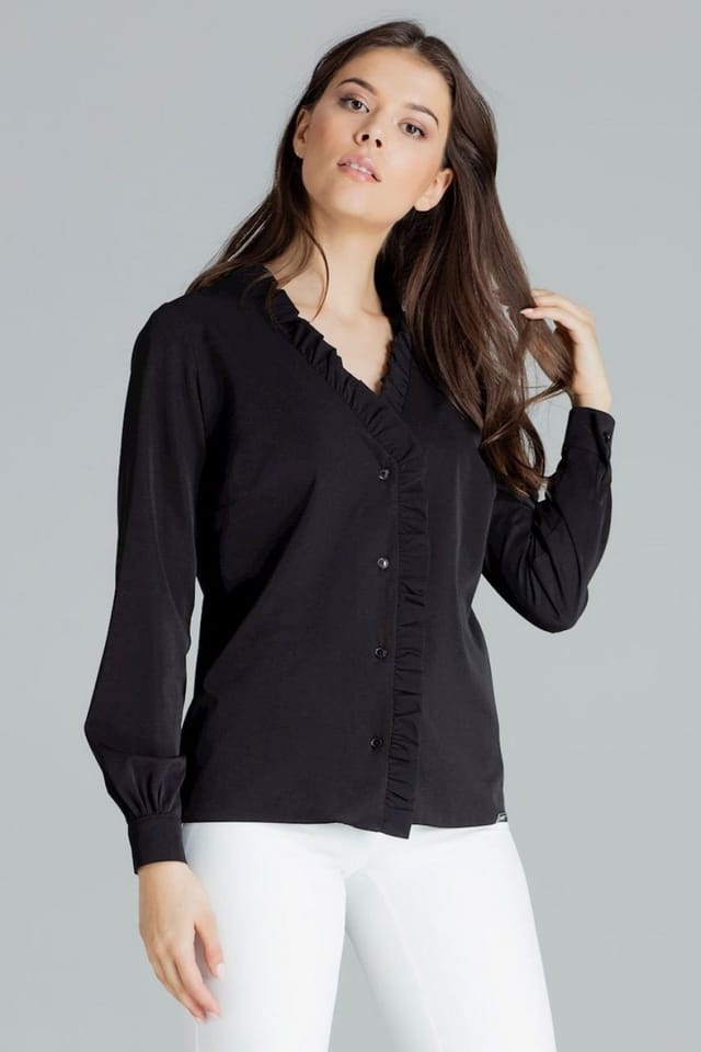 Love Lace Love Lace Women's Long Sleeve Heart Neck Shirt With Frill Trim in Black - 2