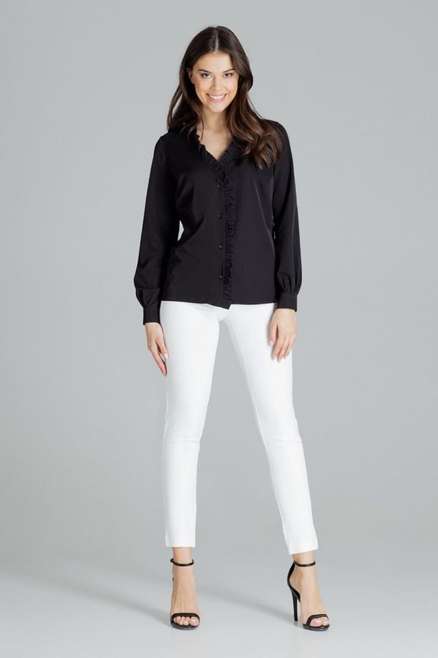 Love Lace Love Lace Women's Long Sleeve Heart Neck Shirt With Frill Trim in Black - 3