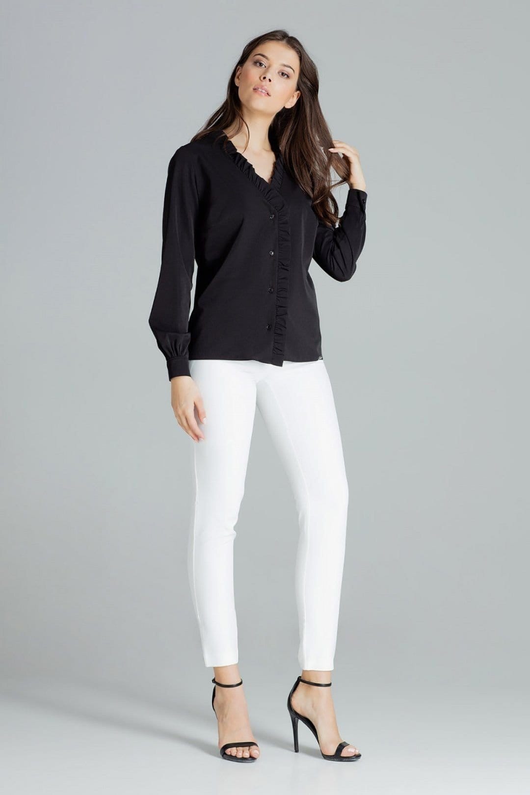 Love Lace Love Lace Women's Long Sleeve Heart Neck Shirt With Frill Trim in Black - 4
