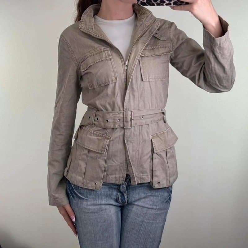 Topshop Y2K vintage lightweight zip up jacket with belt high neck buckle utility archive
