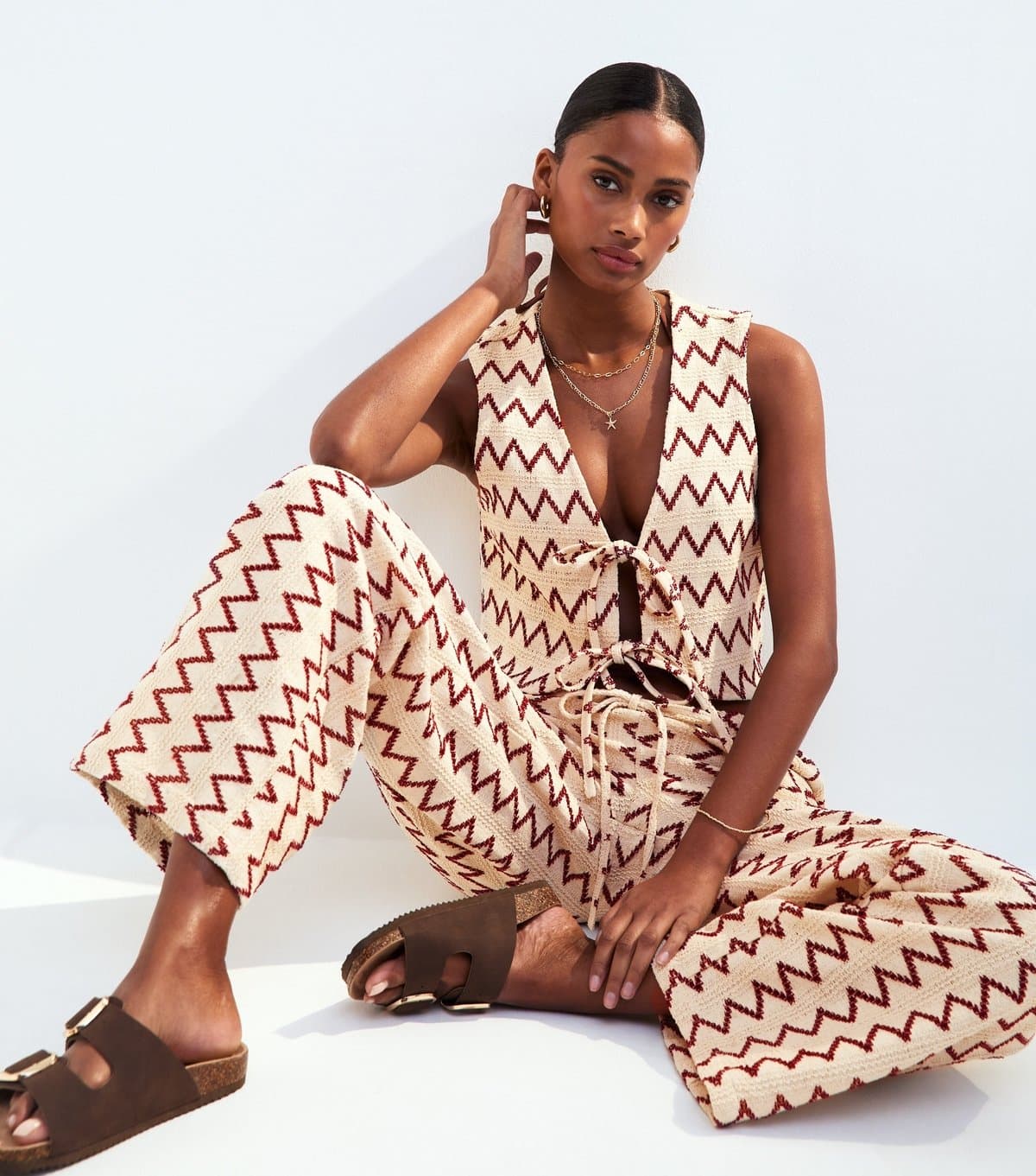 New Look Women's Cream Textured Zig Zag Beach Trousers New Look