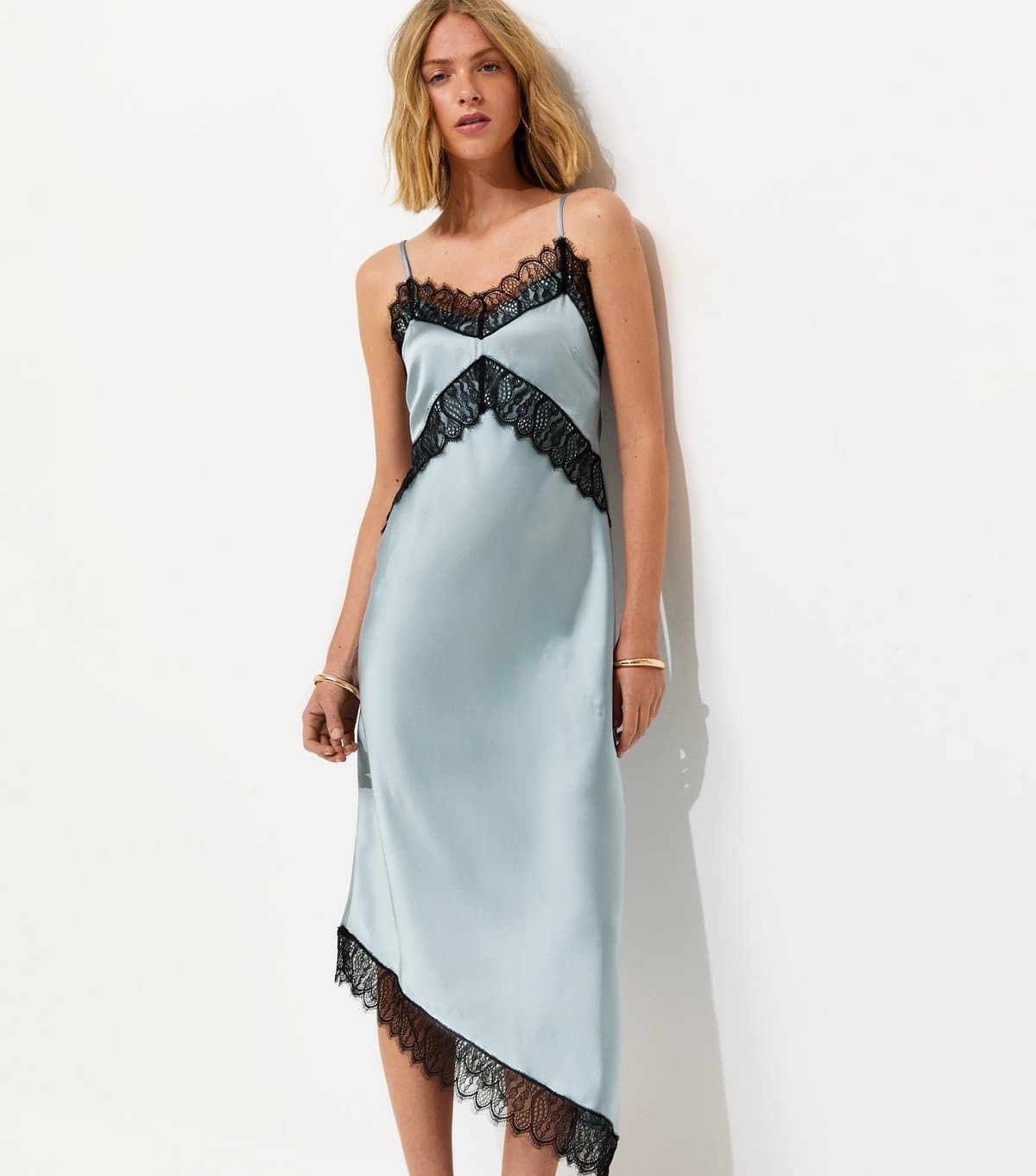 New Look Women's Light Blue Satin Strappy Asymmetric Midi Dress New Look