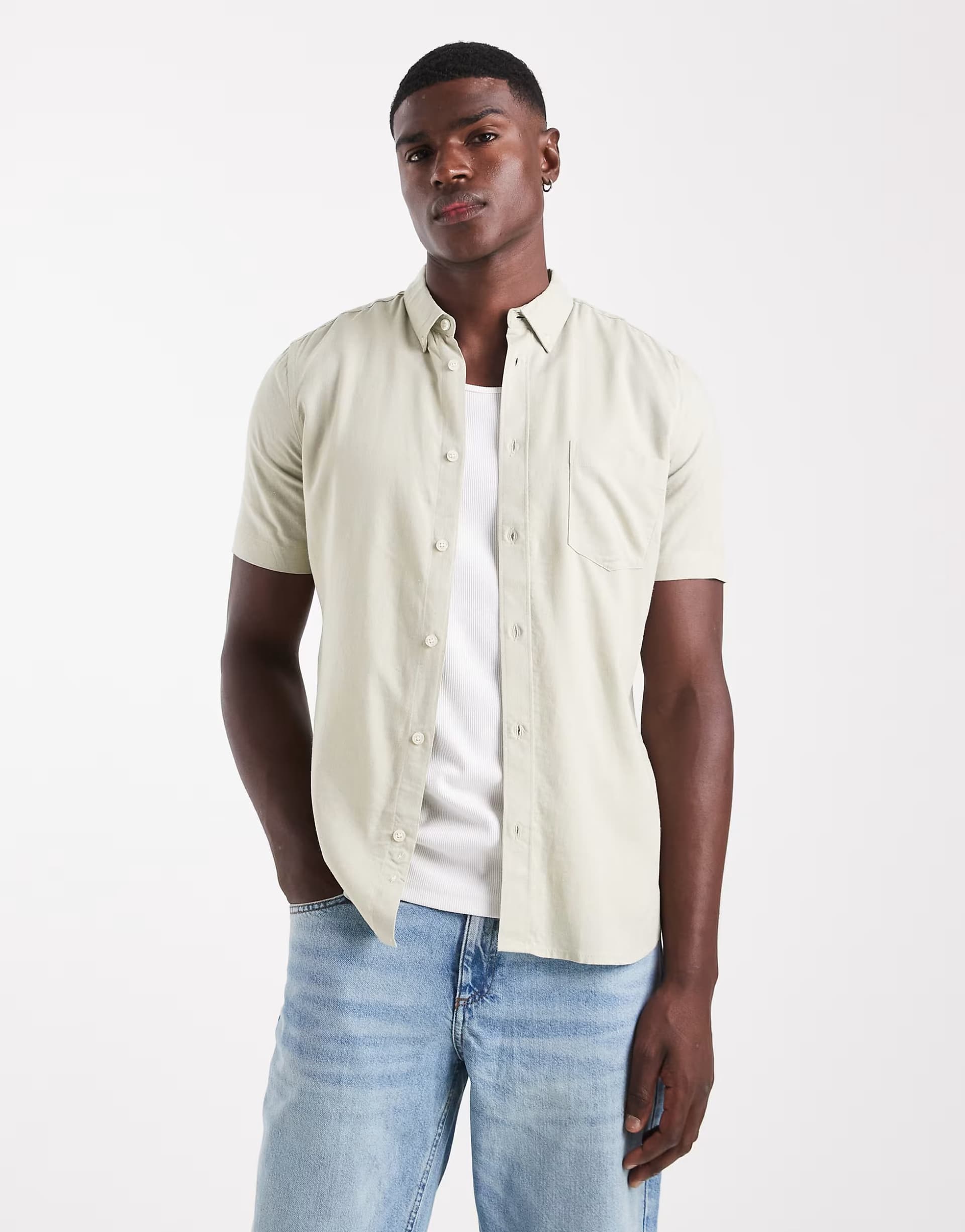 ASOS French Connection Linen blend short sleeve chest pocket shirt in light green