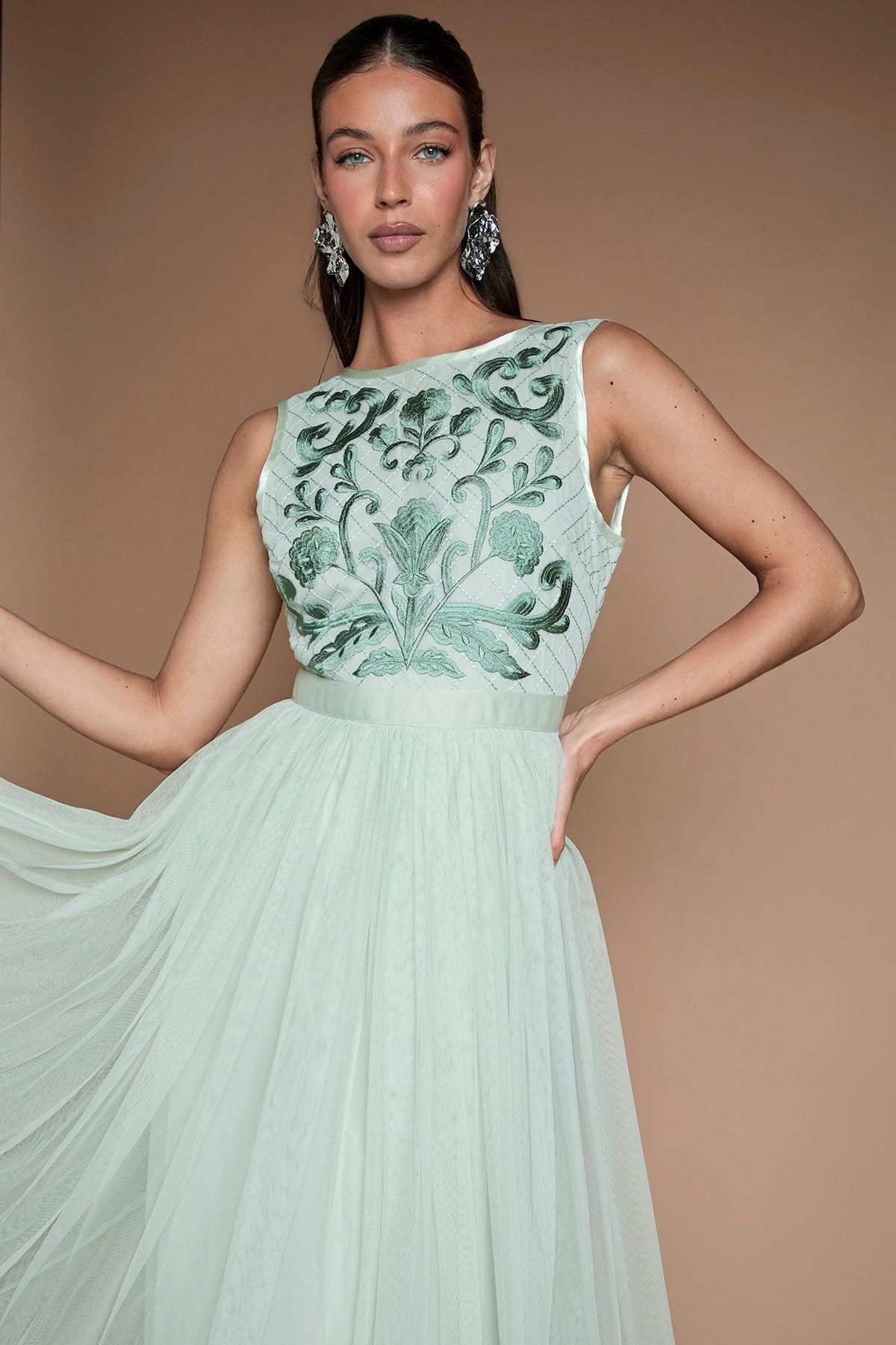 Coast Coast Women's Embroidered Linear Floral Maxi Bridesmaid Dress in Sage - 4