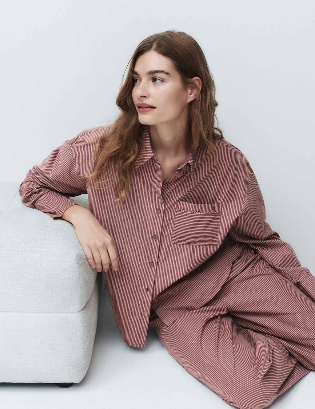 Marks & Spencer M&S Pure Cotton Poplin Striped Pyjama Shirt Burgundy