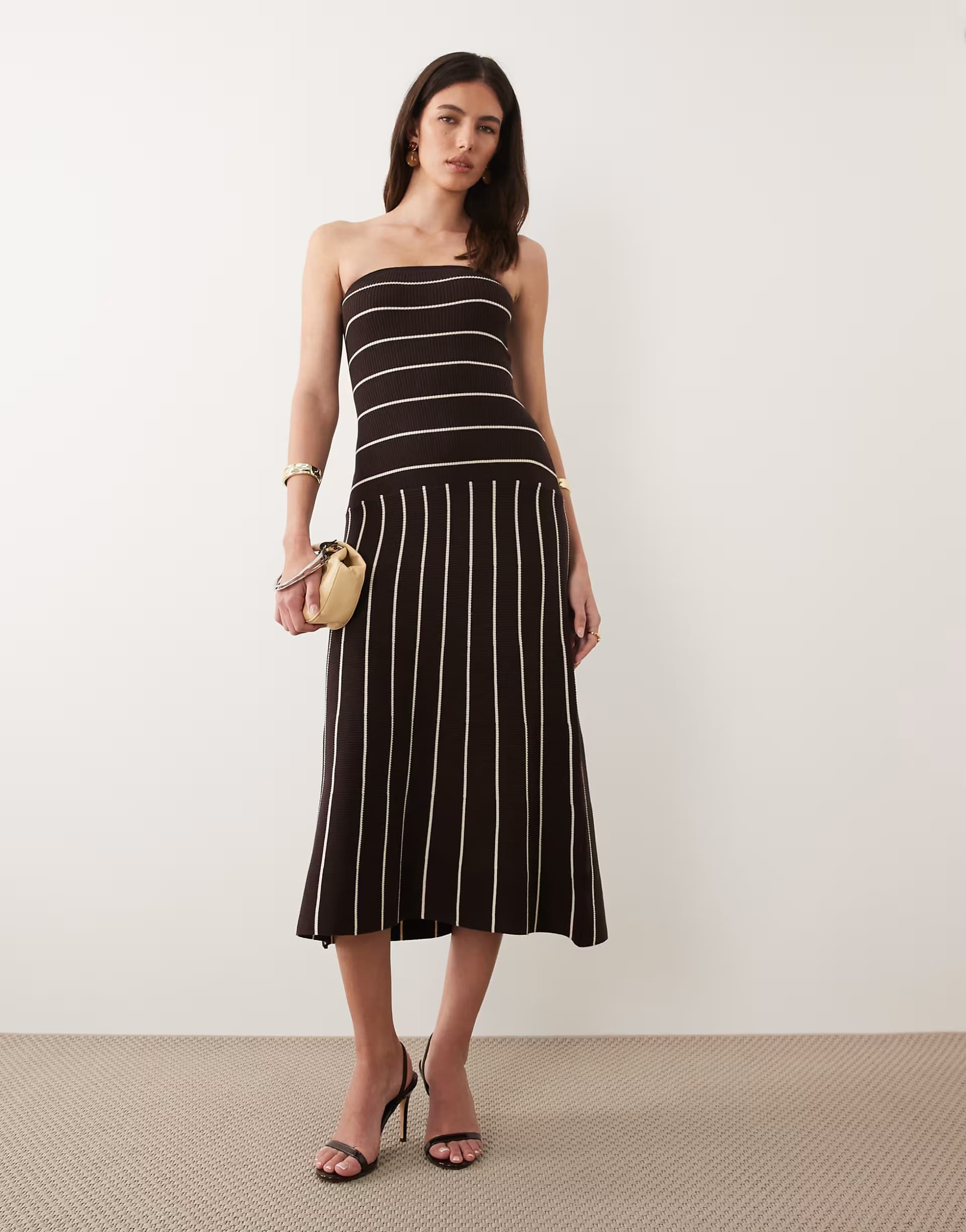 ASOS Pretty Lavish knit bandeau midi dress in brown cream stripe