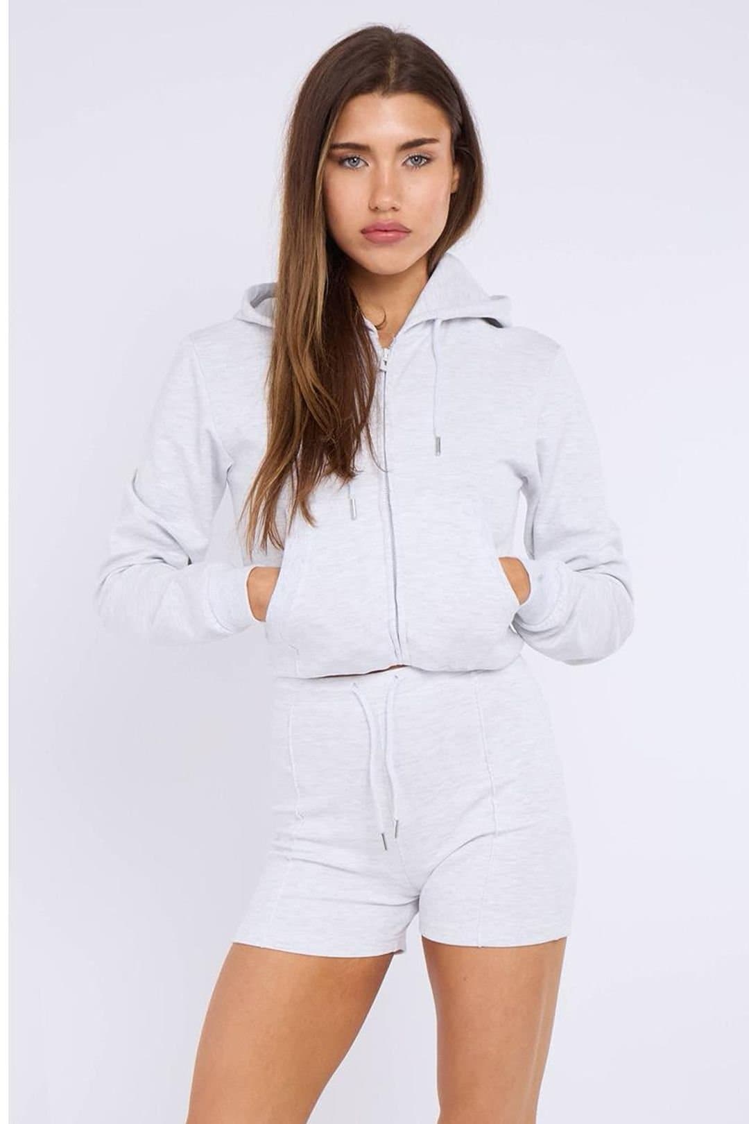 STYLEWISE STYLEWISE Women's Zipped Hooded Crop Top & Seam Detail Shorts Fleece Co-ord in Grey