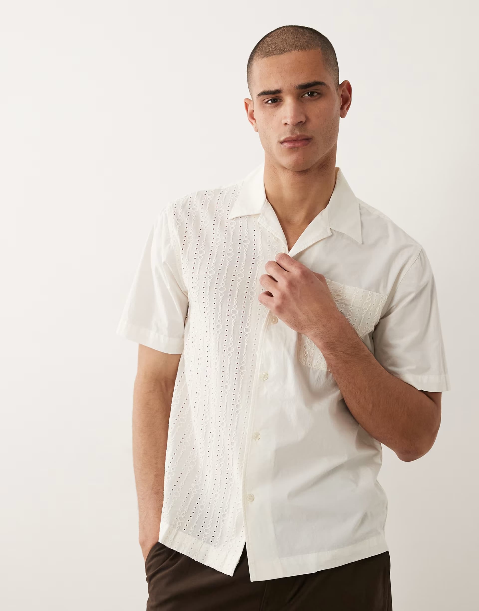 ASOS Selected broderie short sleeve shirt in cream