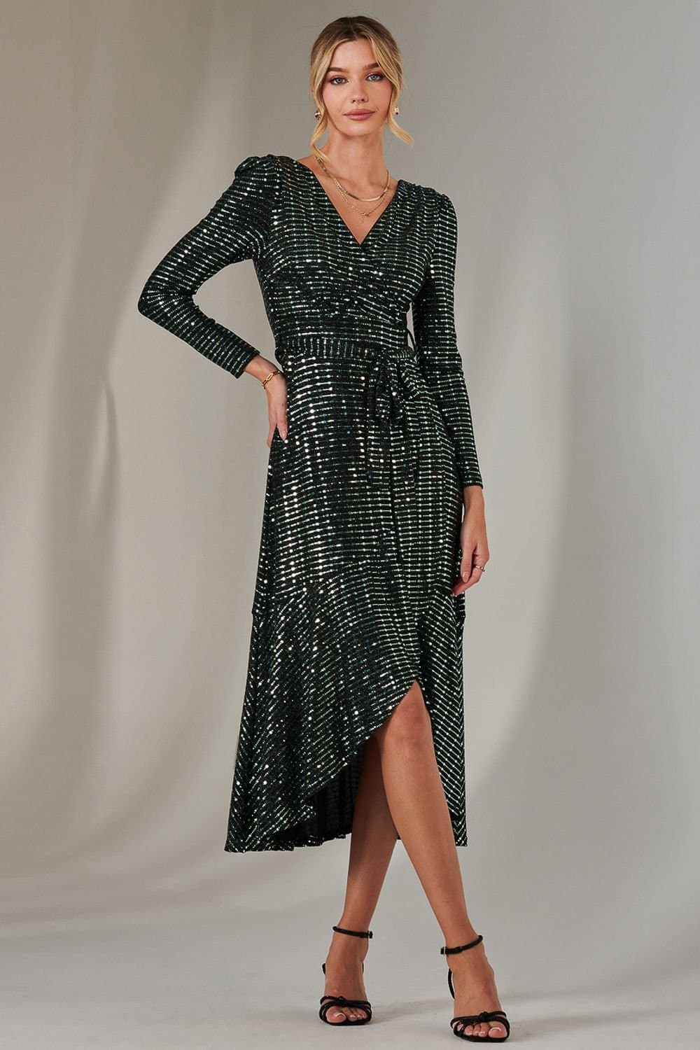 Jolie Moi Jolie Moi Women's Long Sleeve Metallic Spot Maxi Dress in Dark Green