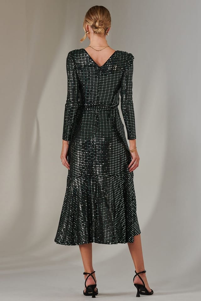 Jolie Moi Jolie Moi Women's Long Sleeve Metallic Spot Maxi Dress in Dark Green - 2