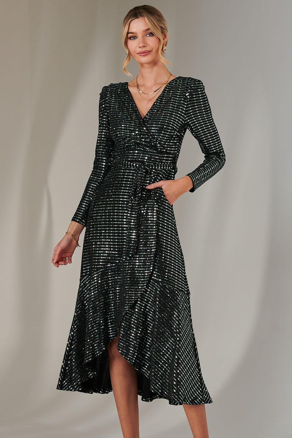 Jolie Moi Jolie Moi Women's Long Sleeve Metallic Spot Maxi Dress in Dark Green - 4