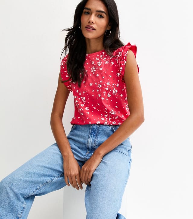 New Look Women's Red Ditsy Frill Sleeve Top New Look - 2