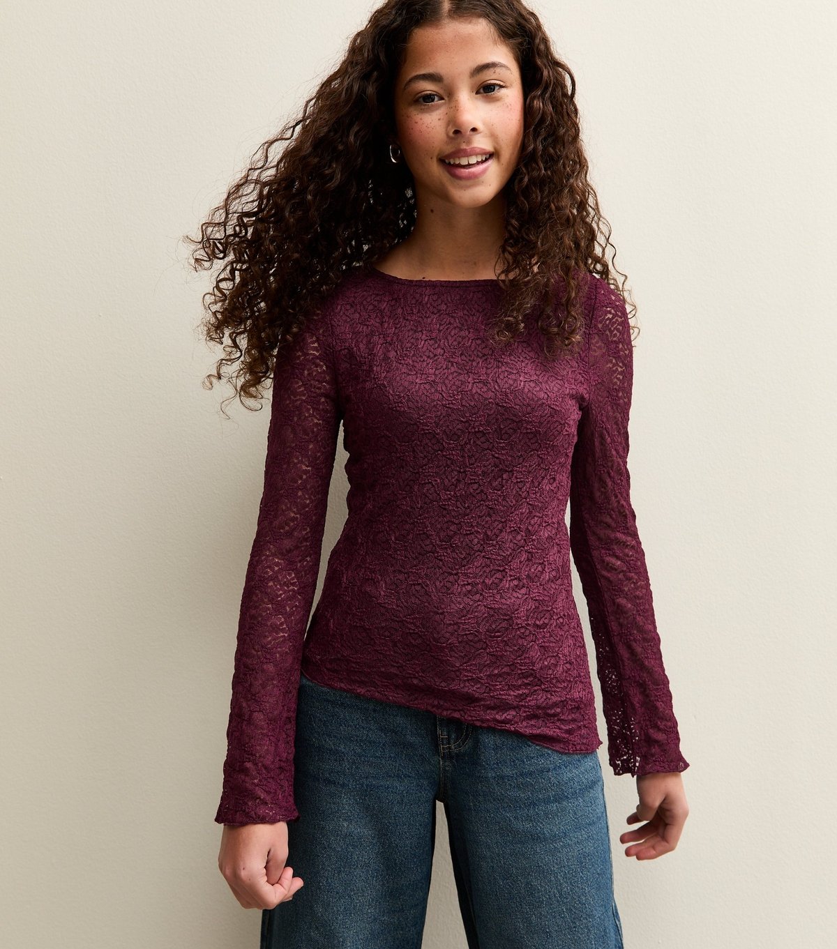 New Look Girls' Dark Burgundy Long Sleeve Lace Asymmetric Hem Top New Look - 2