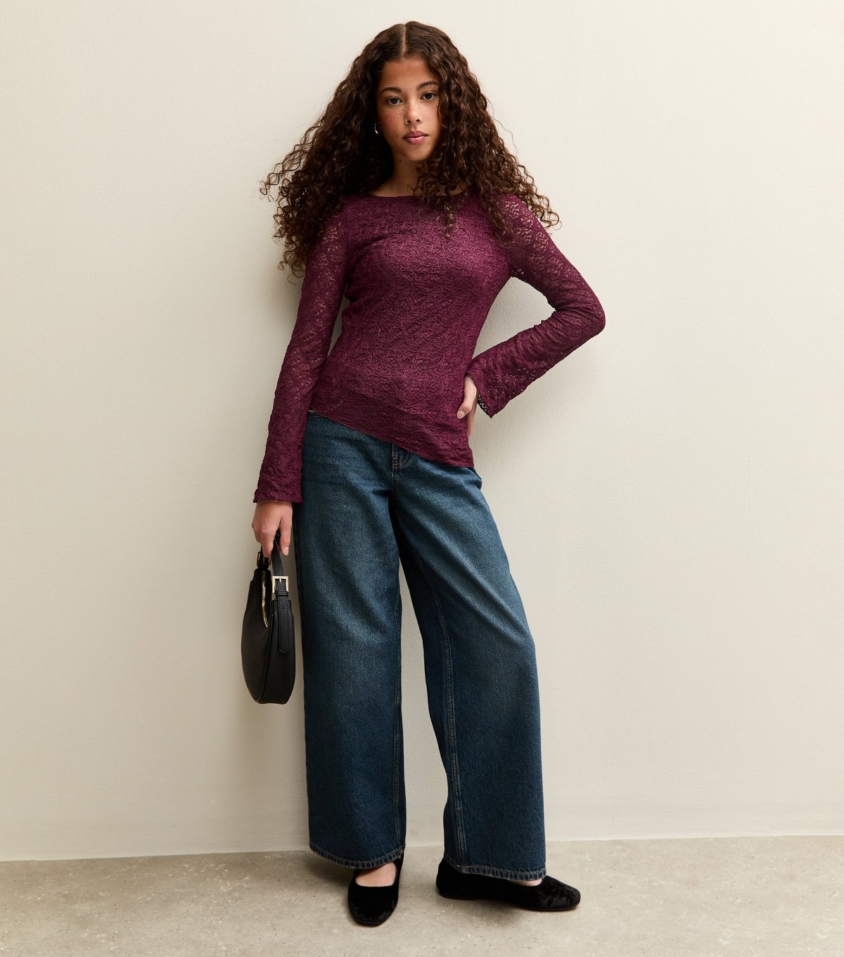 New Look Girls' Dark Burgundy Long Sleeve Lace Asymmetric Hem Top New Look - 3