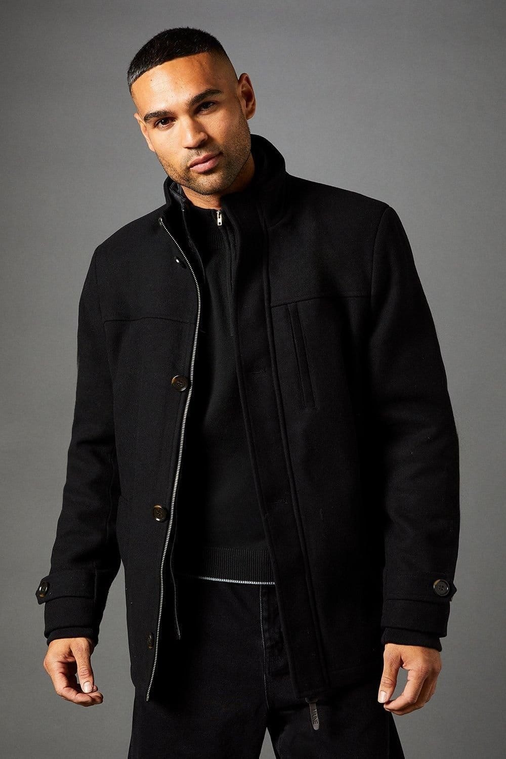 Maine Men's Black Funnel Neck Wool Blend Jacket