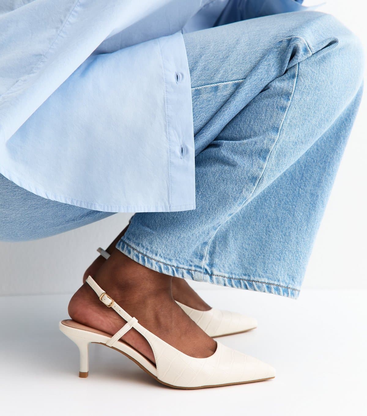 New Look Women's White Faux Leather Croc Embossed Slingback Court Shoes Vegan New Look