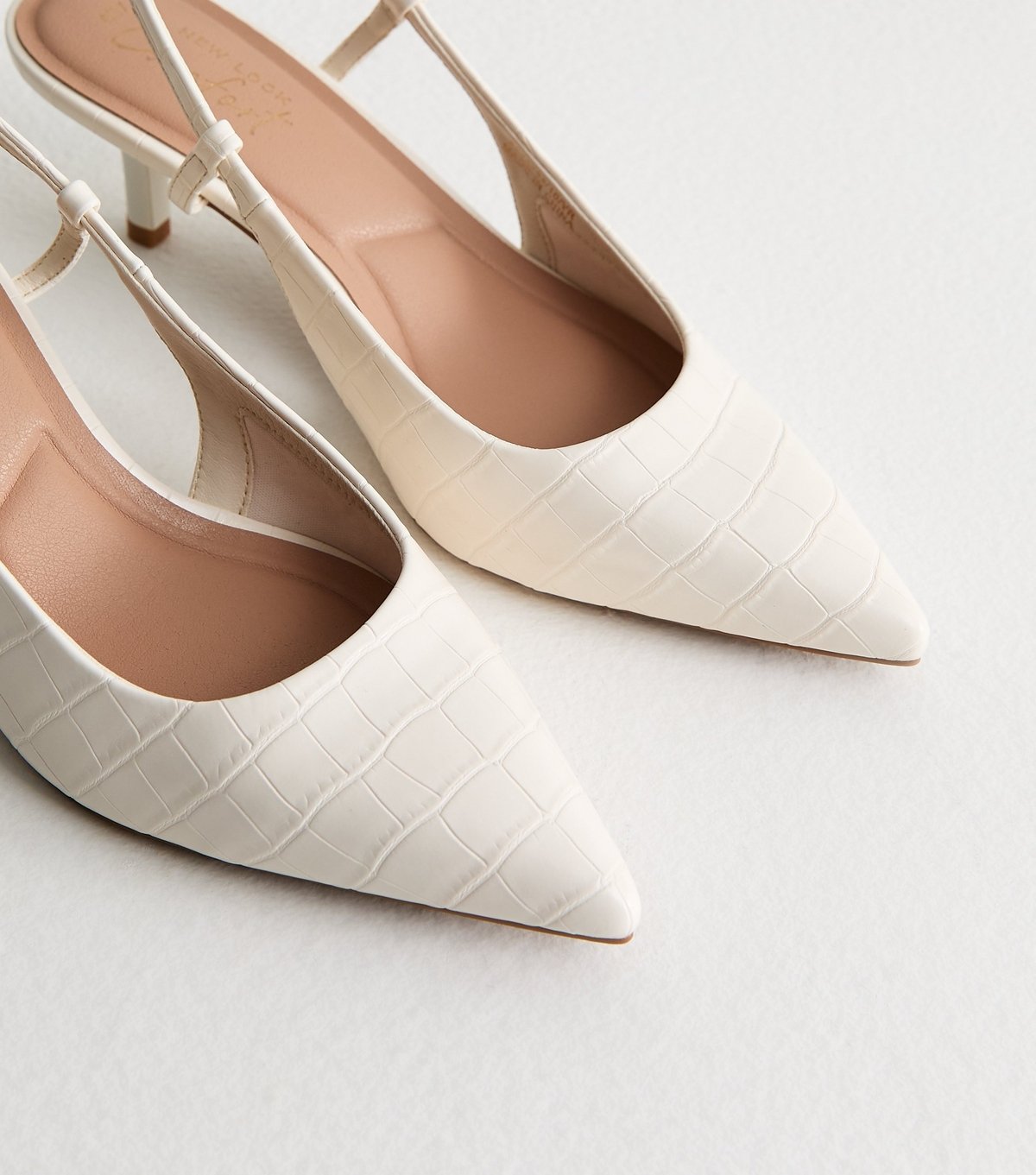 New Look Women's White Faux Leather Croc Embossed Slingback Court Shoes Vegan New Look - 4