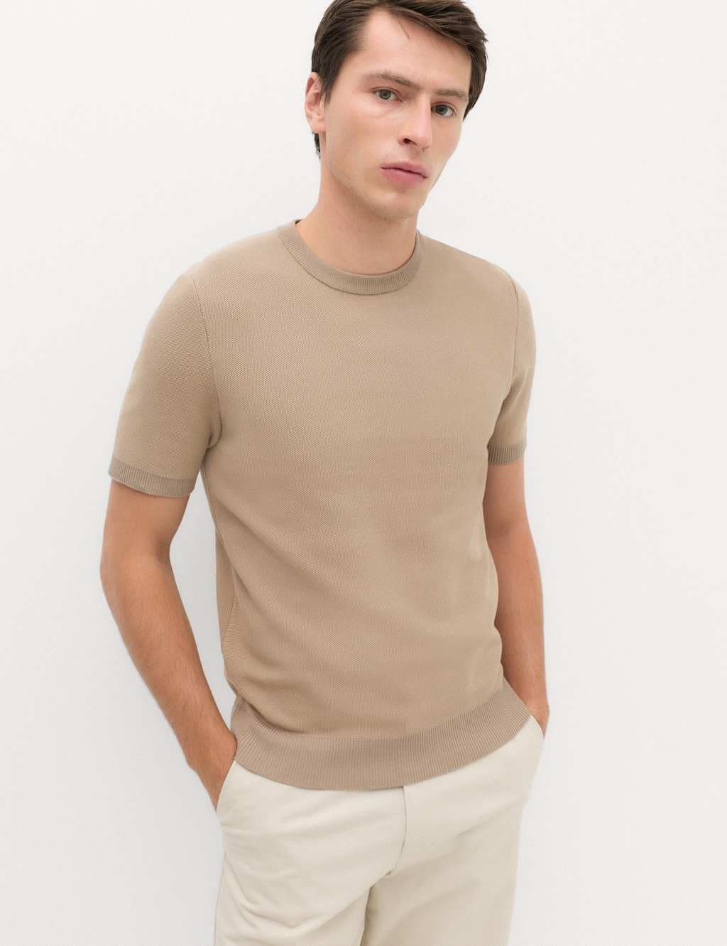 Marks & Spencer M&S Cotton Rich Textured Knitted T-Shirt Mushroom